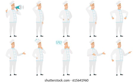 Caucasian chef cook with megaphone making announcement. Chef cook making announcement through a megaphone and pointing finger up. Set of vector flat design illustrations isolated on white background.