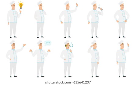 Caucasian chef cook pointing at idea light bulb. Full length of chef cook having idea. Chef cook came up with an idea for a recipe. Set of vector flat design illustrations isolated on white background