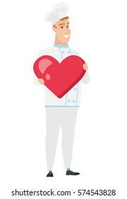 Caucasian chef cook showing a big red heart. Full length of young chef cook with heart shape. Happy chef cook holding a red heart. Vector flat design illustration isolated on white background.