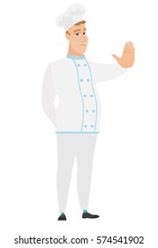 Caucasian chef cook showing stop hand gesture. Full length of young chef cook doing stop gesture. Serious chef cook with a stop gesture. Vector flat design illustration isolated on white background.