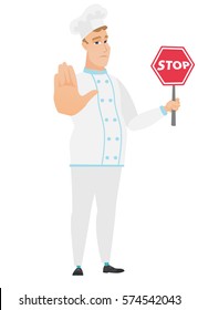 Caucasian chef cook showing stop road sign. Full length of chef in uniform holding stop road sign. Serious chef cook with stop road sign. Vector flat design illustration isolated on white background.