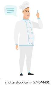 Caucasian chef cook with speech bubble. Chef cook giving a speech on conference. Chef cook with speech bubble coming out of his head. Vector flat design illustration isolated on white background.