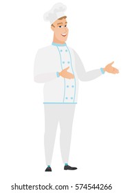 Caucasian chef cook in uniform gesturing. Full length of cheerful chef cook gesturing with his hands. Chef cook laughing and gesturing. Vector flat design illustration isolated on white background.