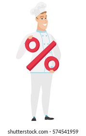 Caucasian chef cook in uniform holding percent sign. Full length of chef cook holding percent sign. Cheerful chef cook with percent sign. Vector flat design illustration isolated on white background.