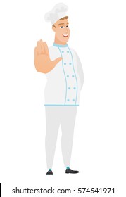 Caucasian chef cook in uniform showing palm hand. Full length of chef cook showing palm hand. Chef cook making stop gesture by his palm. Vector flat design illustration isolated on white background.