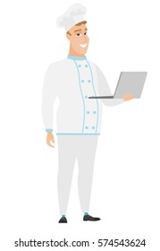 Caucasian chef cook in uniform using laptop. Full length of young smiling chef cook working on a laptop. Cheerful chef cook holding laptop. Vector flat design illustration isolated on white background