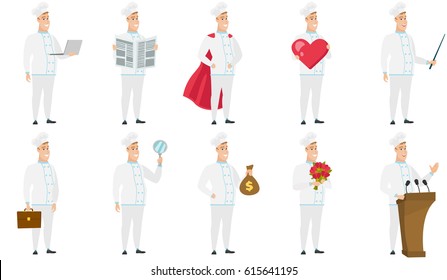 El chef caucásico cocina con uniforme y portátil. Larga y completa cocinera joven cocinera trabajando en un ordenador portátil. Un chef alegre que cocina con portátil. Conjunto de ilustraciones de diseño plano vectorial aisladas en fondo blanco