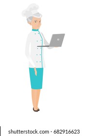 Caucasian chef cook in uniform using a laptop. Full length of senior chef cook working on a laptop. Cheerful chef cook holding a laptop. Vector flat design illustration isolated on white background.