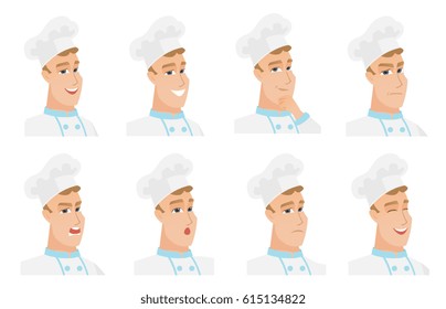 Caucasian chef-cooker with happy face expression. Portrait of young happy chef-cooker. Set of chef-cooker with different facial emotions. Vector flat design illustrations isolated on white background.
