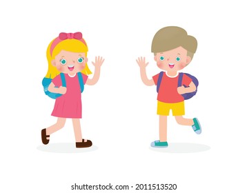 caucasian children with the backpack saying goodbye to schoolmates Cartoon characters Boy and Girl school kids going to school isolated on white background vector illustration