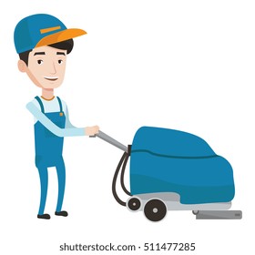 Caucasian cleaner with cleaning equipment. Worker cleaning store floor with cleaning machine. Worker of cleaning services in supermarket. Vector flat design illustration isolated on white background.