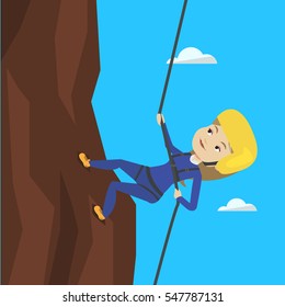 Caucasian climber in action. Rock climber in protective helmet climbing on a rock. Smiling woman climbing in mountains with rope. Woman climbing a rock. Vector flat design illustration. Square layout.