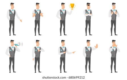 Caucasian confident bridegroom wearing sunglasses. Full length of young bridegroom in sunglasses. Serious bridegroom in sunglasses. Set of vector flat design illustrations isolated on white background