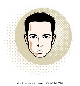 Caucasian confident brunet male, attractive man face, vector human portrait. 