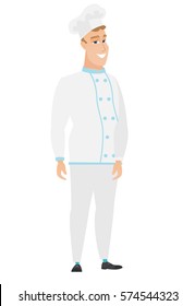 Caucasian confident chef cook in uniform. Full length of smiling confident chef cook. Chef cook standing in a pose signifying confidence. Vector flat design illustration isolated on white background.