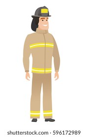 Caucasian confident firefighter in uniform. Full length of confident firefighter. Firefighter standing in a pose signifying confidence. Vector flat design illustration isolated on white background.
