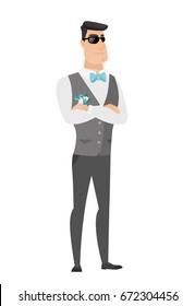 Caucasian confident groom wearing sunglasses. Full length of young groom in a wedding suit and sunglasses. Serious groom in sunglasses. Vector flat design illustration isolated on white background.