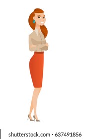 Caucasian confident smiling business woman standing with folded arms. Full length of young confident business woman with folded arms. Vector flat design illustration isolated on white background.