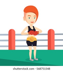 Caucasian confident sportswoman in boxing gloves. Professional boxer standing in the boxing ring. Smiling woman wearing red boxing gloves. Vector flat design illustration isolated on white background.