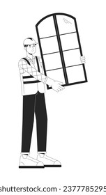 Trabajador de la construcción caucásico sujetando una ventana en blanco y negro personaje de dibujos animados en 2D. El contratista europeo aisló a la persona del contorno vectorial. Dibujo plano monocromático de manufactura