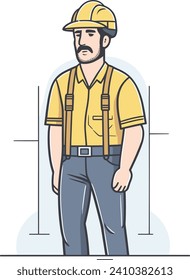 Caucasian construction worker in yellow hard hat and suspenders. Serious professional builder standing confidently. Construction industry safety and workforce vector illustration.