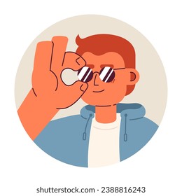 kaukasischer cooler Dude zur Anpassung der Sonnenbrille 2D Vektorgrafik. Stylische europäische Chill-Guy-Cartoon-Figur-Gesichtsporträt. Modeanweisung für einfarbiges Benutzerprofil, isoliert auf Weiß