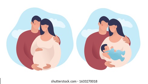 Caucasian couple with baby on sky background. Husband hugs a pregnant wife, natural background. Flat vector illustration. A man, a pregnant woman and a newborn baby, a young family