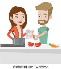 Caucasian couple following recipe for healthy vegetable meal on digital tablet. Couple cooking healthy meal. Couple cooking together. Vector flat design illustration isolated on white background.