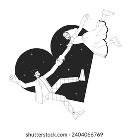 Caucasian couple love first sight black and white 2D illustration concept. European boyfriend girlfriend cartoon outline characters isolated on white. Romantic affection metaphor monochrome vector art