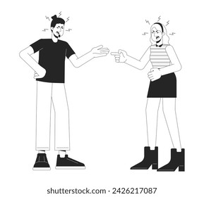 Caucasian couple quarrel black and white cartoon flat illustration. Relationship difficulties 2D lineart characters isolated. Emotional expressing, body language monochrome scene vector outline image