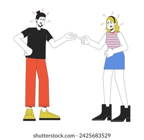 Caucasian couple quarrel line cartoon flat illustration. Relationship difficulties 2D lineart characters isolated on white background. Emotional expressing, body language scene vector color image