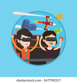 Caucasian couple in virtual reality headset riding on roller coaster. Couple in vr glasses having fun at virtual amusement park. Vector flat design illustration in the circle isolated on background