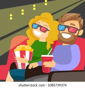 Caucasian couple watching three D movie. Young couple in 3d glasses watching movie with popcorn in the cinema. Vector cartoon illustration isolated on white background. Square layout.