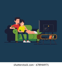 Caucasian couple watching TV. Cool vector flat design illustration on couple enjoying their evening together on sofa watching favorite TV show