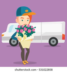 Caucasian courier with flowers on background of delivery truck. Delivery courier holding bouquet of flowers. Young delivery courier delivering flowers. Vector flat design illustration. Square layout