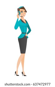 Caucasian customer service operator in headset with microphone. Full length of young customer service operator in headset with microphone. Vector flat design illustration isolated on white background.