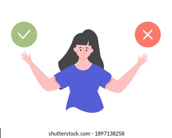 Caucasian cute girl character. Choice of two options. Concept for do and don't, yes and no, like and dislike, pro and contra. Agree or reject. Vector flat illustration.