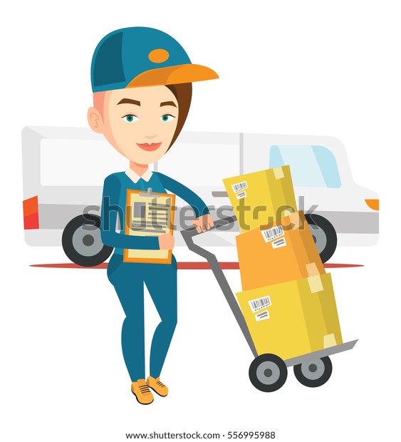 Caucasian delivery courier with cardboard\
boxes on trolley. Delivery courier holding clipboard. Courier\
standing in front of delivery van. Vector flat design illustration\
isolated on white\
background.