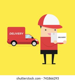 Caucasian delivery courier holding box on the background of truck. Delivery courier carrying cardboard box. Delivery courier with box in hands. vector