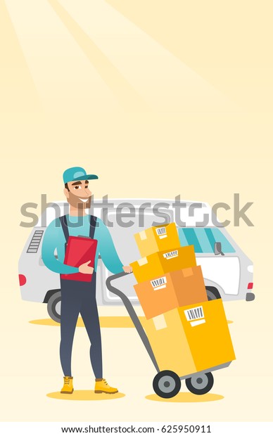 Caucasian delivery courier pushing trolley with\
cardboard boxes. Young delivery courier holding clipboard. Courier\
standing in front of delivery van. Vector flat design illustration.\
Vertical layout.