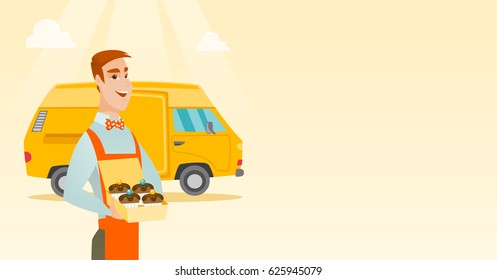 Caucasian delivery man holding a box of cakes. Baker delivering cakes. Business man with cupcakes standing on the background of delivery truck. Vector flat design illustration. Horizontal layout.
