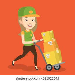 Caucasian delivery postman with cardboard boxes on trolley. Delivery postman pushing trolley with cardboard boxes. Delivery postman delivering parcels. Vector flat design illustration. Square layout.