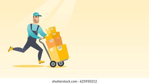 Caucasian delivery postman with cardboard boxes on trolley. Young delivery postman pushing trolley with boxes. Delivery postman delivering parcels. Vector flat design illustration. Horizontal layout.