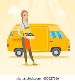 Caucasian delivery woman holding a box of cakes. Baker delivering cakes. Young business woman with cupcakes standing on the background of delivery truck. Vector flat design illustration. Square layout