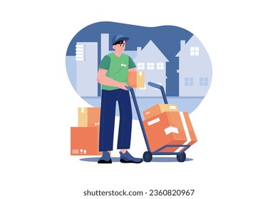 Caucasian deliveryman wheeling trolley with carton boxes
