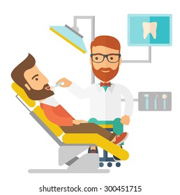 A caucasian dentist man examines a patient teeth in the clinic. A Contemporary style. Vector flat design illustration isolated white background. Square layout.