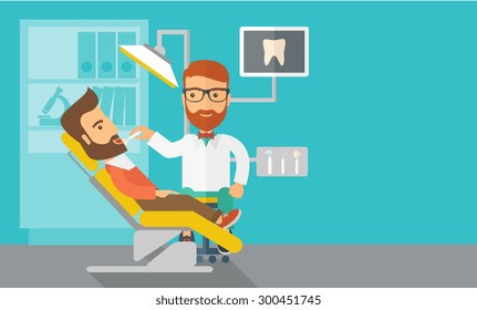 A caucasian dentist man examines a patient teeth in the clinic. Contemporary style with pastel palette, blue tinted background. Vector flat design illustrations. Horizontal layout with text space in