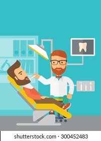 A caucasian dentist man examines a patient teeth in the clinic. Contemporary style with pastel palette, blue tinted background. Vector flat design illustrations. Vertical layout with text space on top