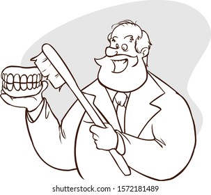 Caucasian Dentist Showing A Dental Jaw Model And A Toothbrush. Old Man Dentist Holding A Dental Jaw Model And A Toothbrush In Hands. Dentistry Concept. Vector Flat Design Illustration.