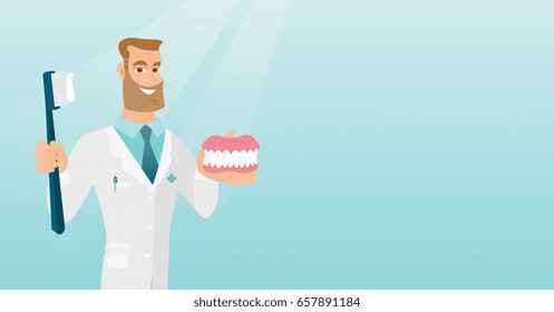 Caucasian dentist showing a dental jaw model and a toothbrush. Young dentist holding a dental jaw model and a toothbrush in hands. Dentistry concept. Vector flat design illustration. Horizontal layout